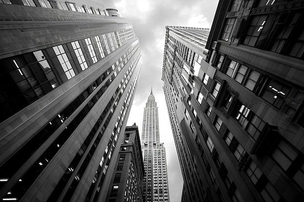 Una foto en blanco y negro de edificios altos en una ciudad con un fondo de cielo y algunas nubes en el