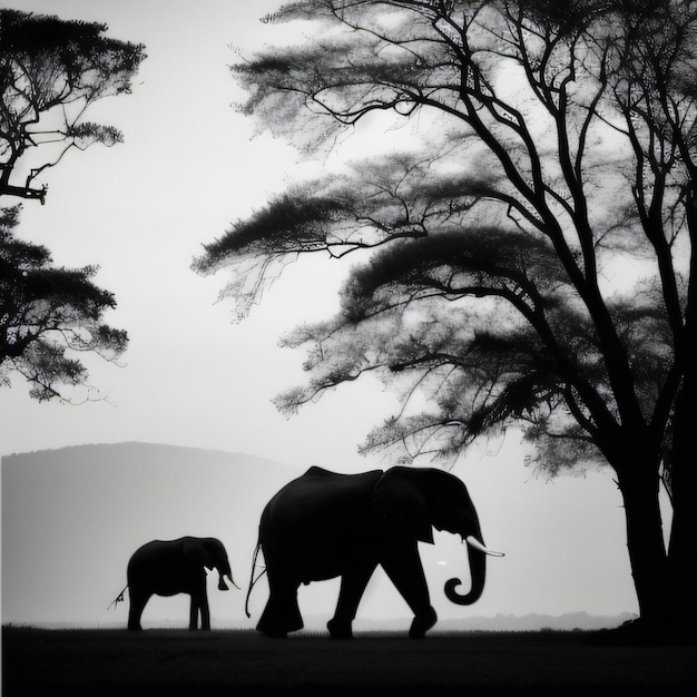 Una foto en blanco y negro de un elefante bebé y su madre.