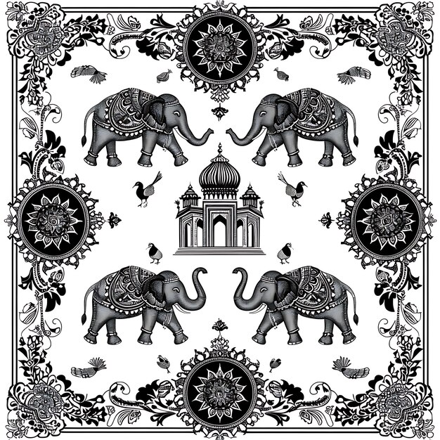 una foto en blanco y negro de elefantes y un edificio con un diseño que dice cita elefante cita