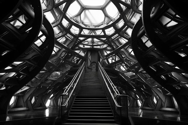 Foto una foto en blanco y negro de una escalera con una gran ventana en el medio