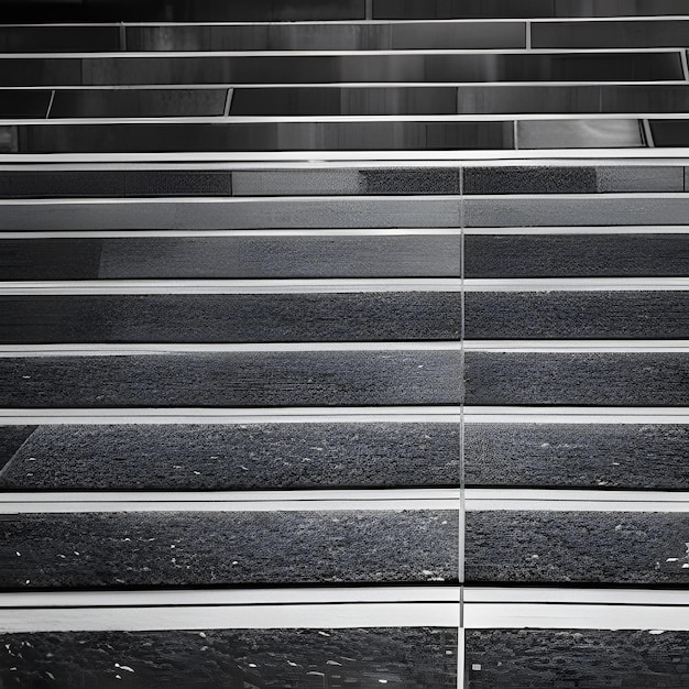 Una foto en blanco y negro de unas escaleras con suelo de baldosas blancas y negras.