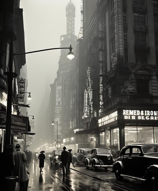 una foto en blanco y negro de una escena callejera con un letrero para la ciudad de Nueva York