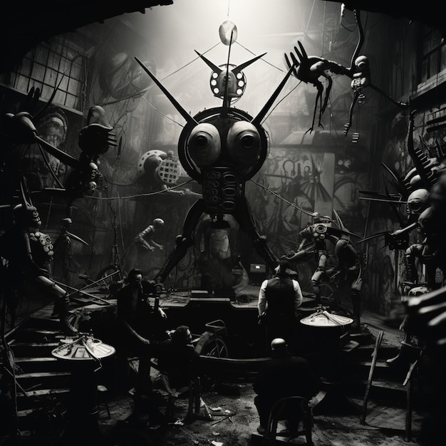 Foto en blanco y negro de una escena steampunk Ai generó arte