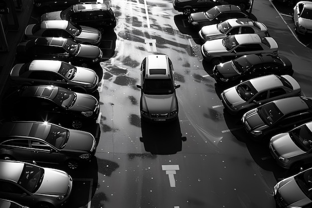 Una foto en blanco y negro de un estacionamiento lleno de coches y camiones con el sol brillando en el suelo