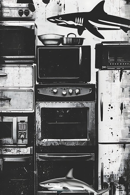 una foto en blanco y negro de una estufa y un horno anticuados