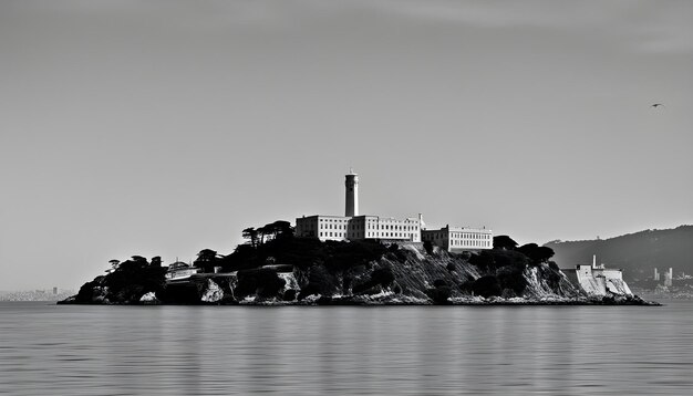 Foto una foto en blanco y negro de un faro en una isla rocosa