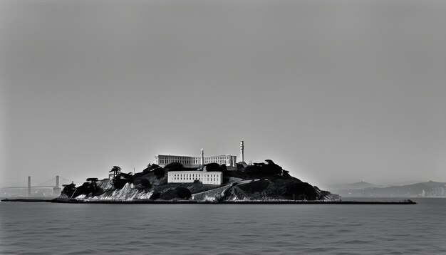 una foto en blanco y negro de un faro en una isla rocosa