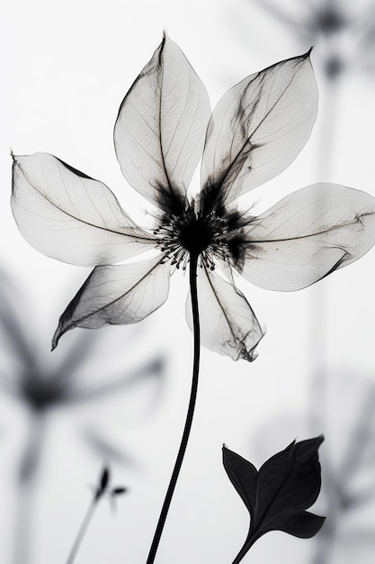 Una foto en blanco y negro de una flor con un fondo blanco.