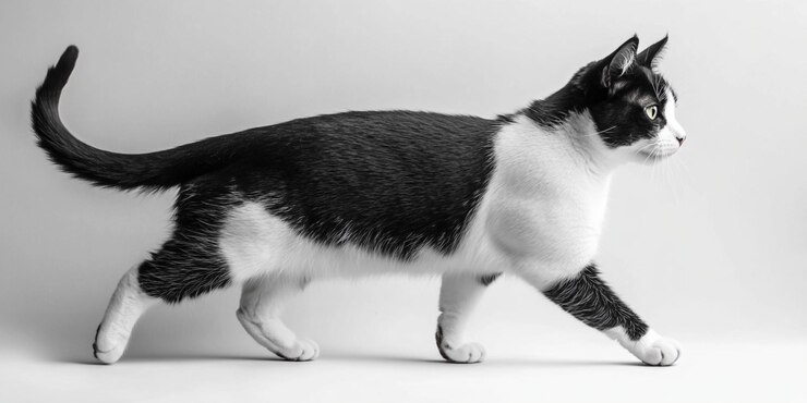 una foto en blanco y negro de un gato con una cara blanca y una cara negra y blanca
