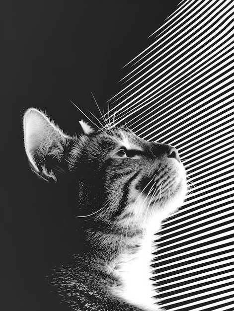 Foto una foto en blanco y negro de un gato mirando hacia arriba