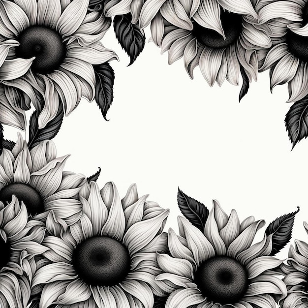 Foto una foto en blanco y negro de girasoles con flores en negro y blanco.