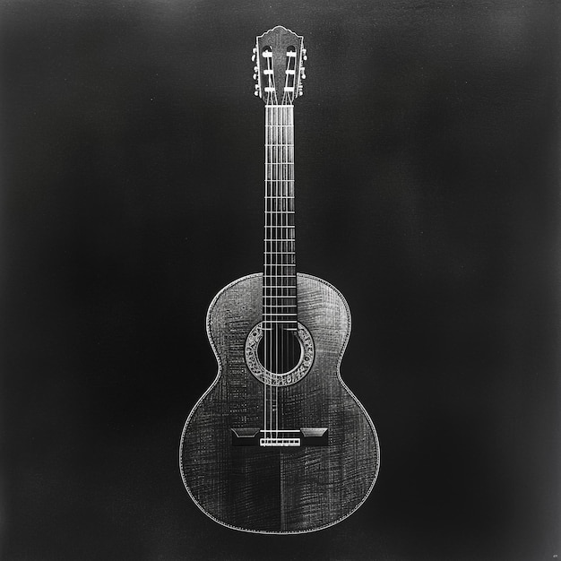 una foto en blanco y negro de una guitarra con una guitarra en la esquina