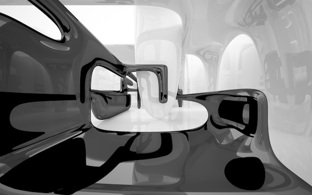 Una foto en blanco y negro de una habitación con una silla y una mesa con varias sillas.