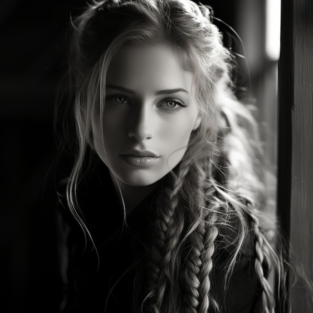 foto en blanco y negro de una hermosa mujer con trenzas