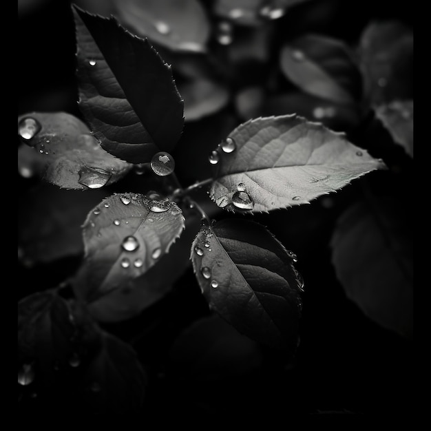 Foto una foto en blanco y negro de hojas con gotas de agua sobre ellas.