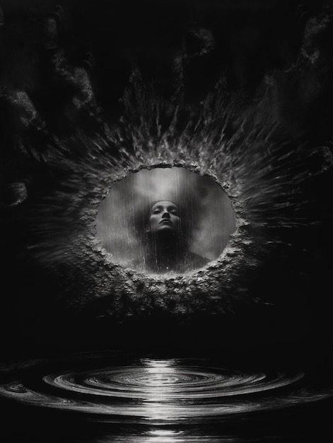 Foto una foto en blanco y negro de un hombre en un agujero en el cielo generativa ai