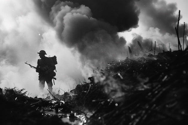 Una foto en blanco y negro de un hombre con un arma