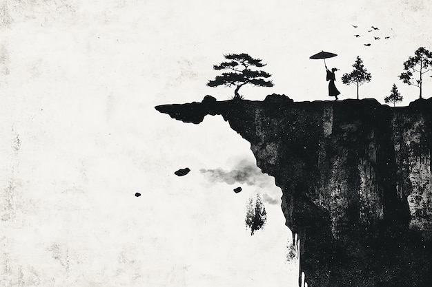 una foto en blanco y negro de un hombre de pie en un acantilado con un árbol en él