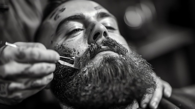 Foto una foto en blanco y negro de un hombre que se corta la barba con un cortador eléctrico el hombre está mirando hacia abajo con los ojos cerrados