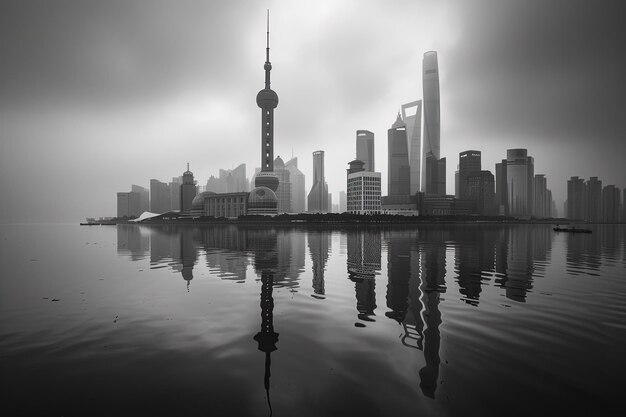 Una foto en blanco y negro del horizonte de una ciudad