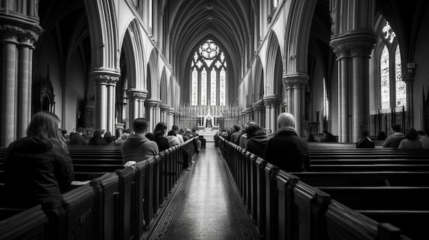 Una foto en blanco y negro de una iglesia con una iglesia con una gran ventana que dice "santísima trinidad" en ella