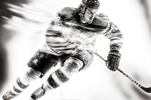 Foto en blanco y negro del jugador de hockey sobre hielo con ai generativo de palo de hockey sobre hielo