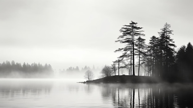 Una foto en blanco y negro de un lago con árboles