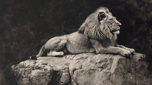 una foto en blanco y negro de un león acostado en una roca