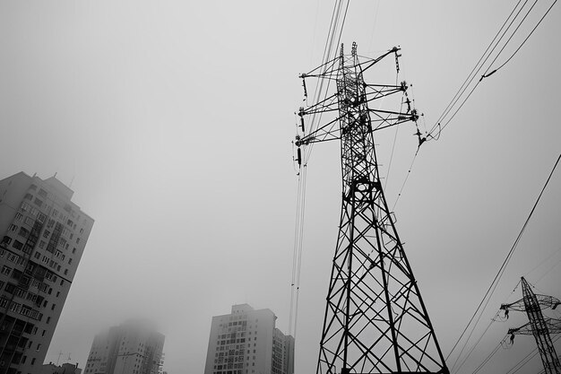 Una foto en blanco y negro de una línea eléctrica en la niebla con edificios en el fondo y algunos pájaros