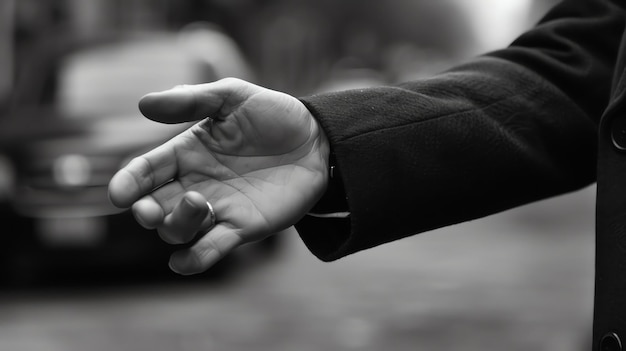 Una foto en blanco y negro de la mano de un hombre extendida hacia arriba como si estuviera ofreciendo algo La mano lleva un anillo en el dedo anular