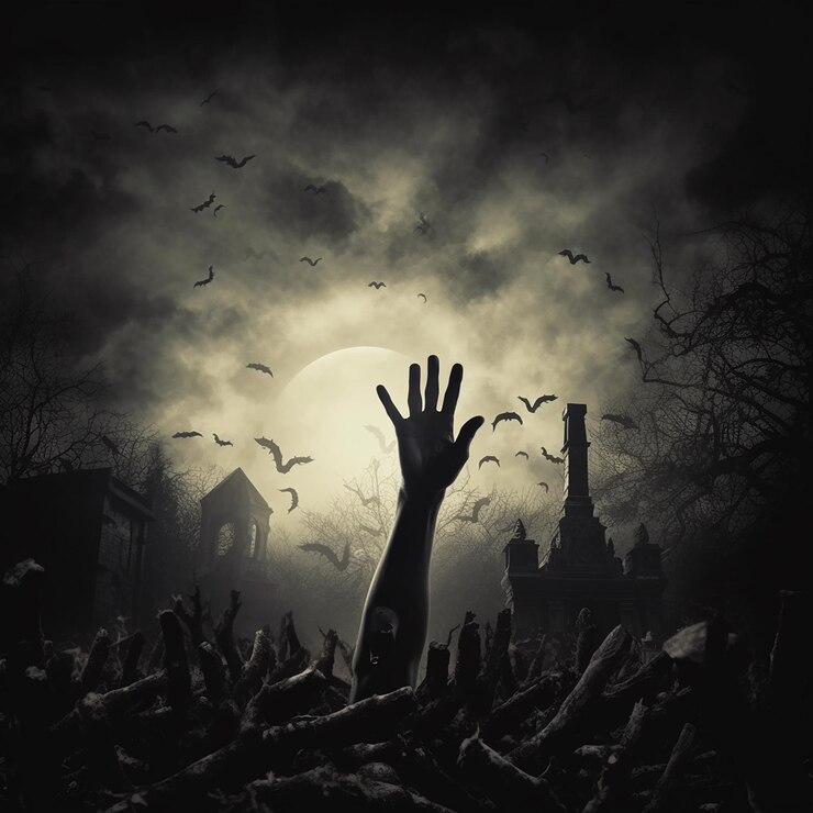 Una foto en blanco y negro de una mano zombie saliendo de un cementerio.