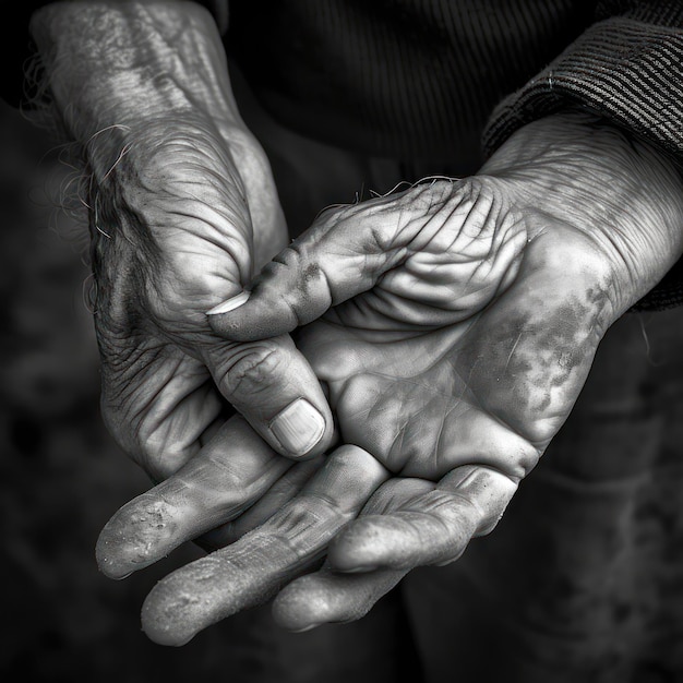 Una foto en blanco y negro de las manos de una persona con los dedos enroscados alrededor de los dedos.