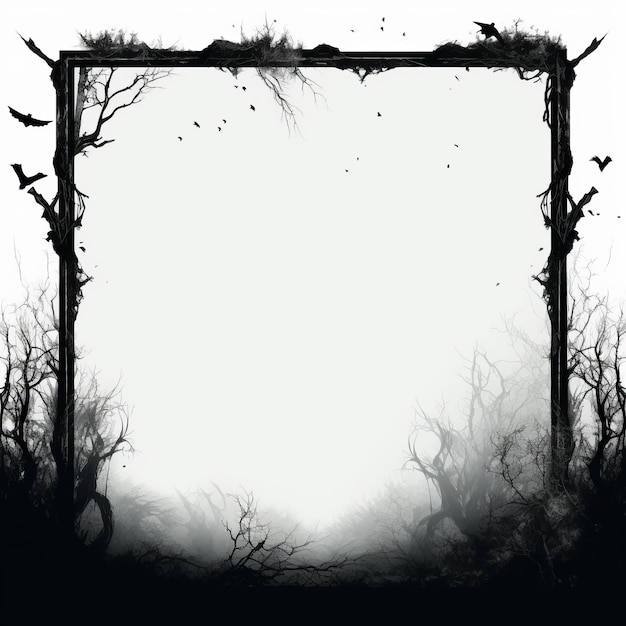 una foto en blanco y negro de un marco de Halloween con murciélagos y árboles