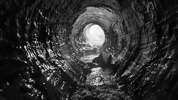 Foto en blanco y negro de un misterioso túnel con una luz brillante al final El túnel está mojado y las paredes están cubiertas de limo