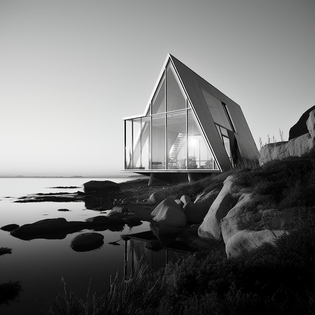 Foto en blanco y negro de una moderna cabaña de vidrio en la costa rocosa del mar