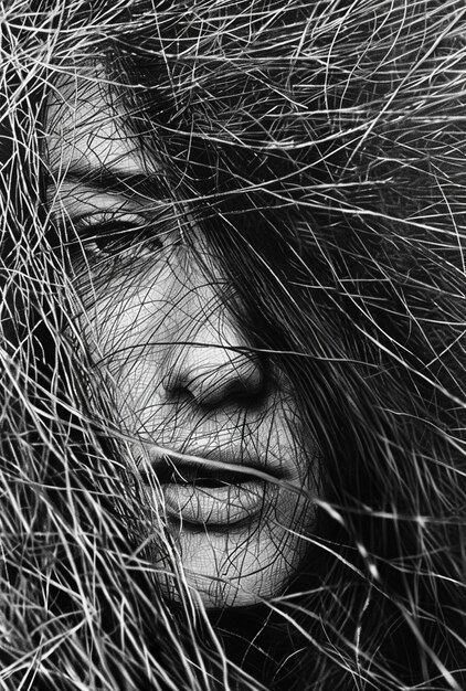 Foto una foto en blanco y negro de una mujer con cabello largo generativa ai