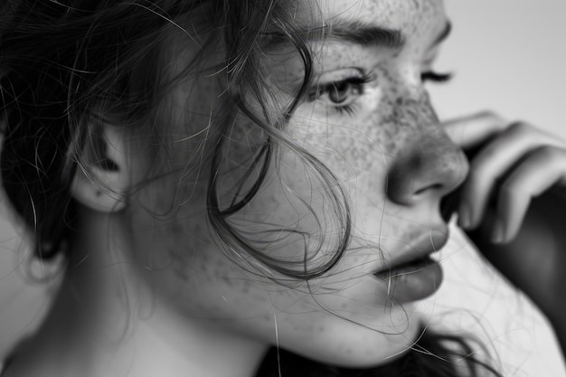 Una foto en blanco y negro de una mujer con el cabello raro