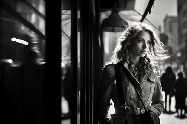 foto en blanco y negro de una mujer en la calle