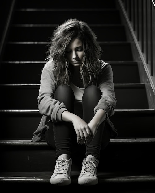 foto en blanco y negro de una mujer joven sentada en las escaleras