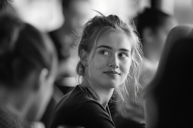 Una foto en blanco y negro de una mujer joven