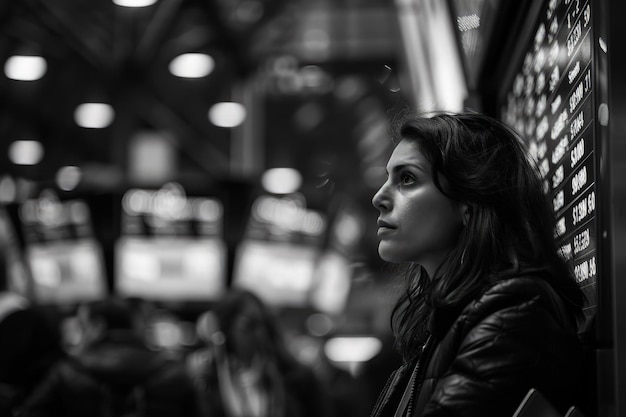 Una foto en blanco y negro de una mujer en un metro