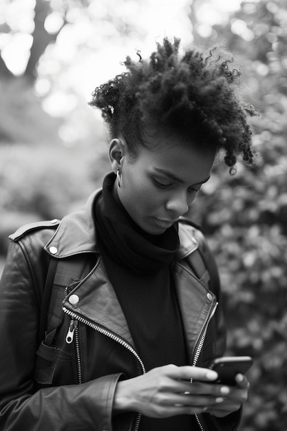 una foto en blanco y negro de una mujer mirando su teléfono celular