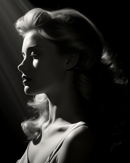 Una foto en blanco y negro de una mujer de perfil