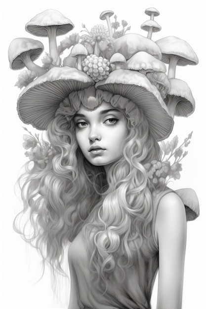 una foto en blanco y negro de una mujer con un sombrero en generativo ai