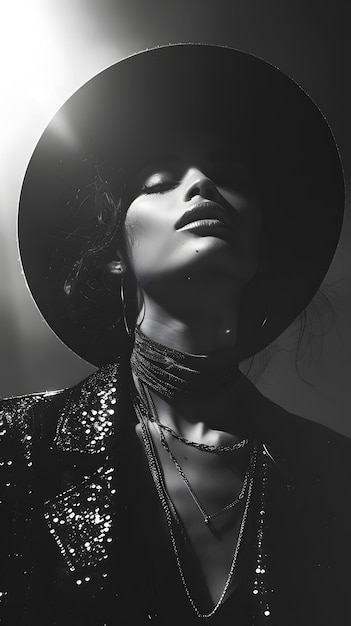 Una foto en blanco y negro de una mujer con un sombrero y mirando hacia arriba