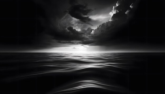 una foto en blanco y negro de un océano con una ola en el medio