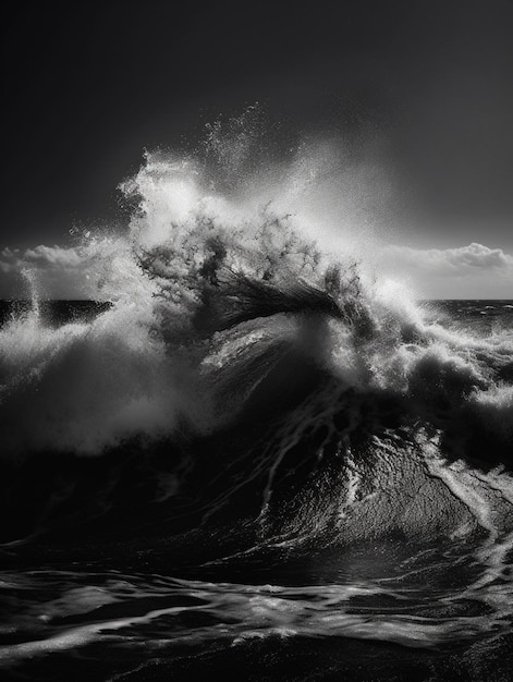 Una foto en blanco y negro de una ola con la palabra océano en ella