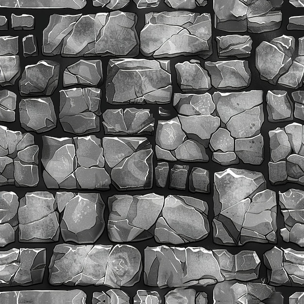 una foto en blanco y negro de una pared hecha de piedras y piedras