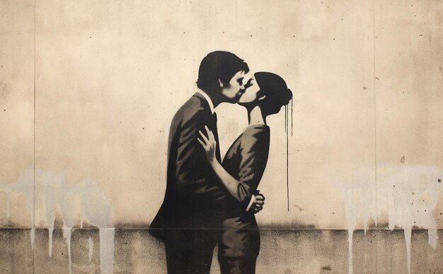 Foto una foto en blanco y negro de una pareja besándose frente a una pared con un hombre besándose.