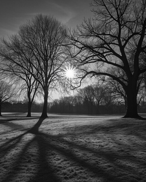 una foto en blanco y negro de un parque con árboles y un banco generativo ai